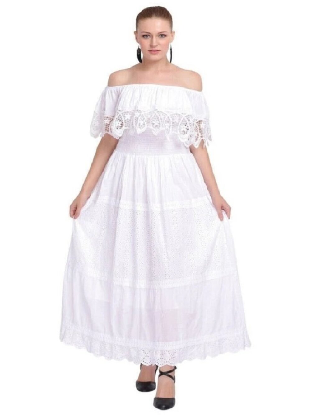 Women's Boho Lace Summer Floral Embroidery Off Shoulder Beach Long Maxi Dress